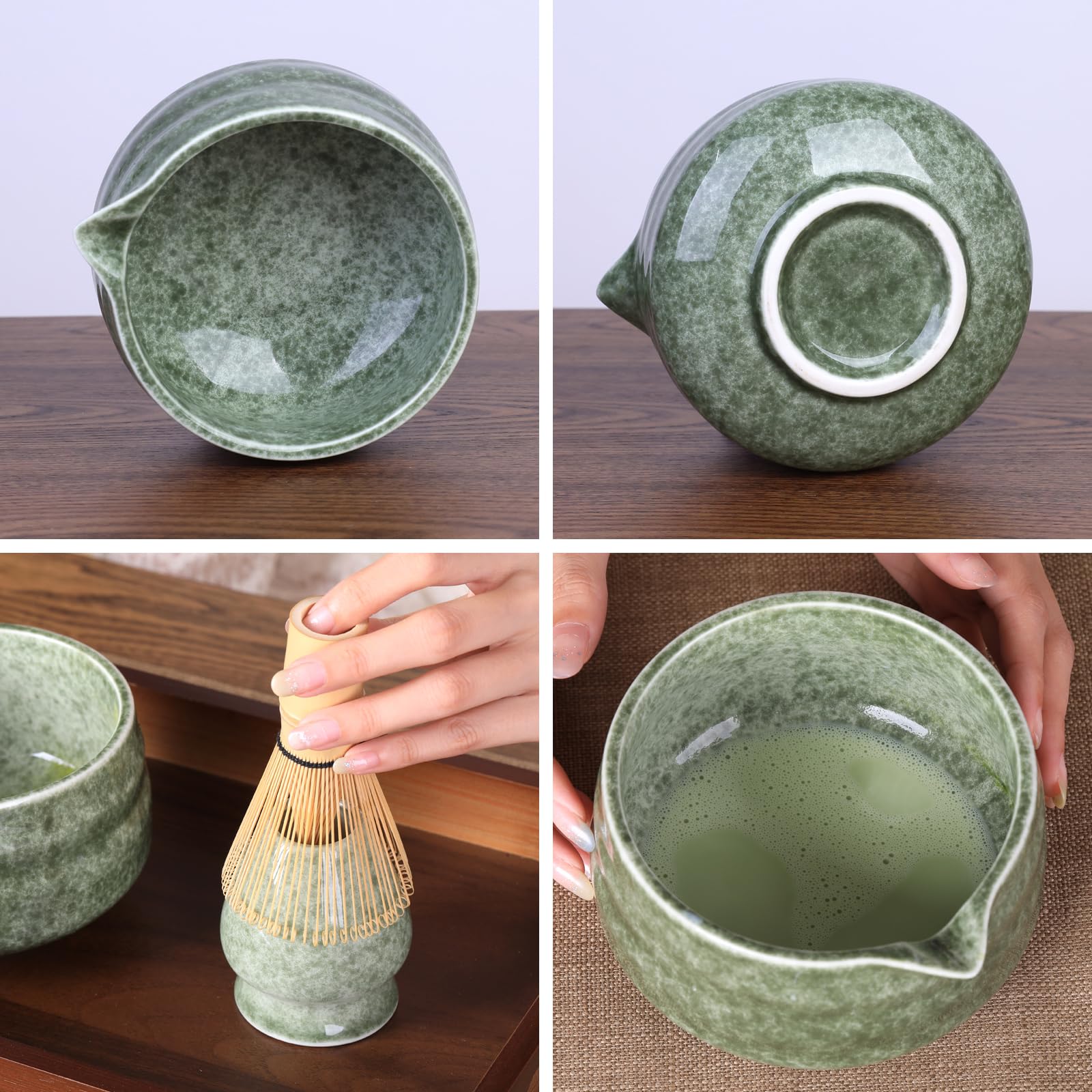 VONAHAST Japanese Matcha Whisk Set - 7-Piece Kit Bamboo Chasen, Ceramic Bowl with Spout, Stainless Steel Sifter & Holder Green