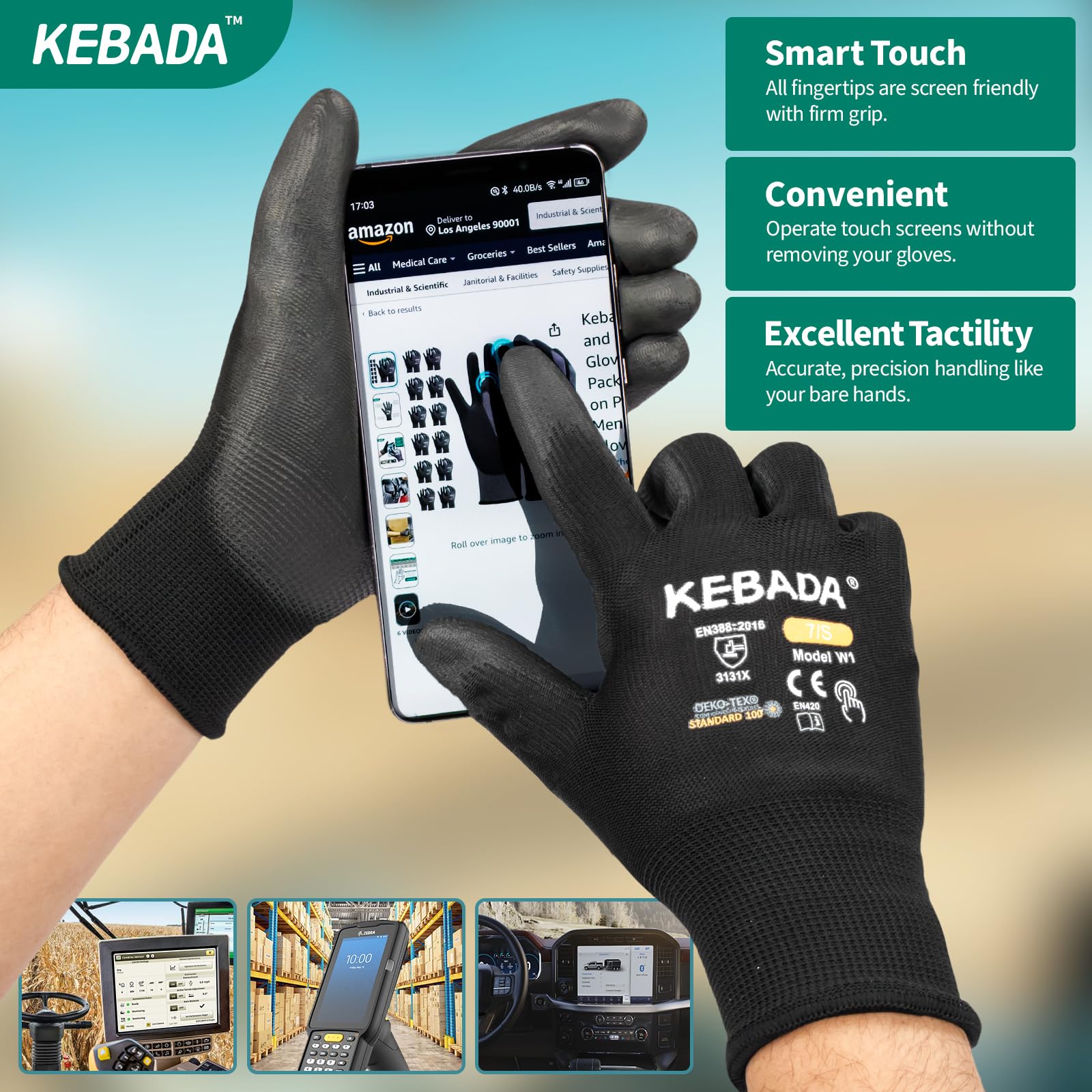 Kebada W1 Safety Work Gloves for Men & Women, 50 Pairs Bulk Pack, PU Coated