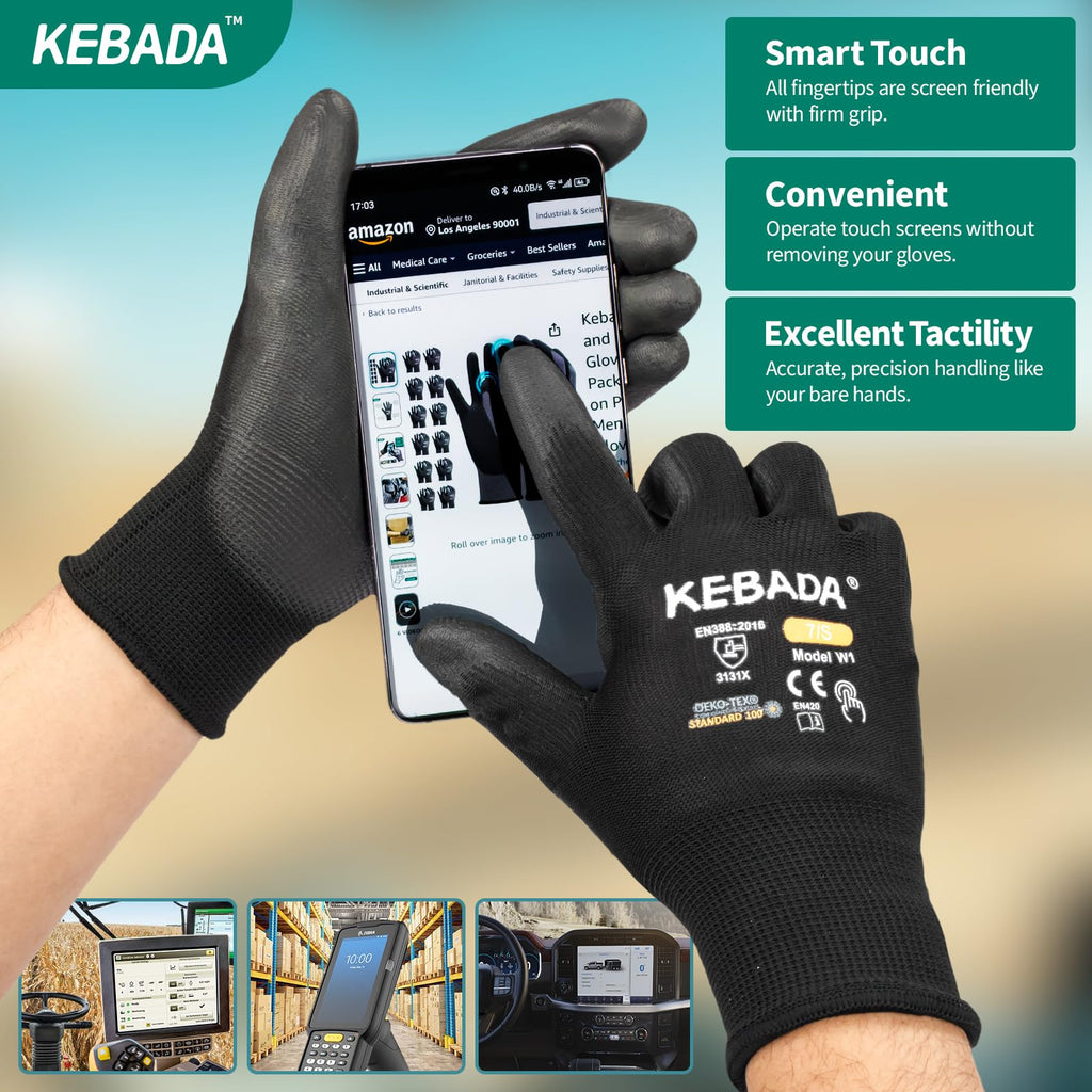 Kebada W1 Safety Work Gloves for Men & Women, Touchscreen, PU Coated