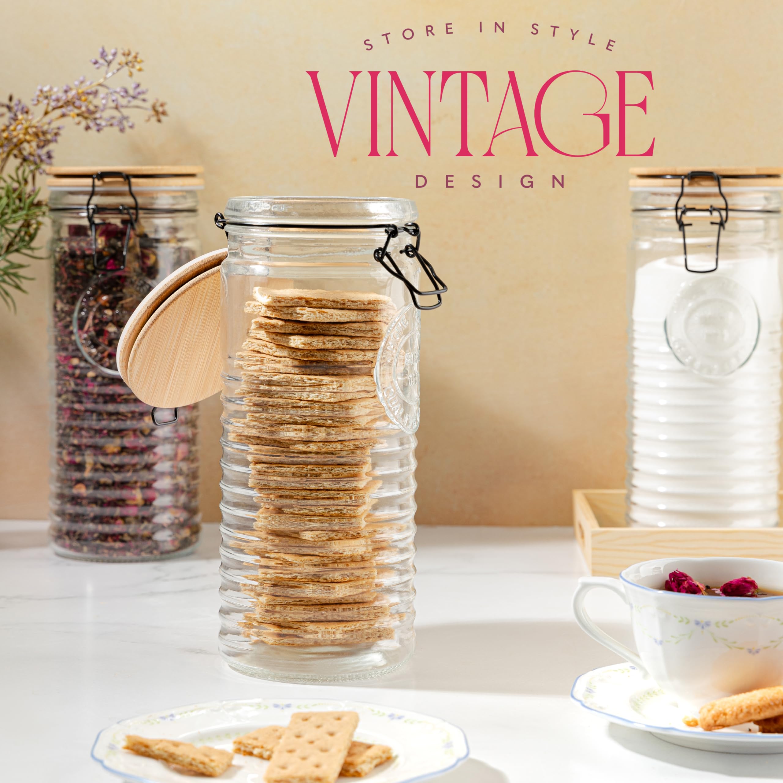 kitchentoolz Tall Glass Pasta Storage Containers with Airtight Clasp Lids - Set of 3 Glass Spaghetti Storage Containers for - 56 Ounce Pantry Organizing Canister Set - 9.75 Inch Tall
