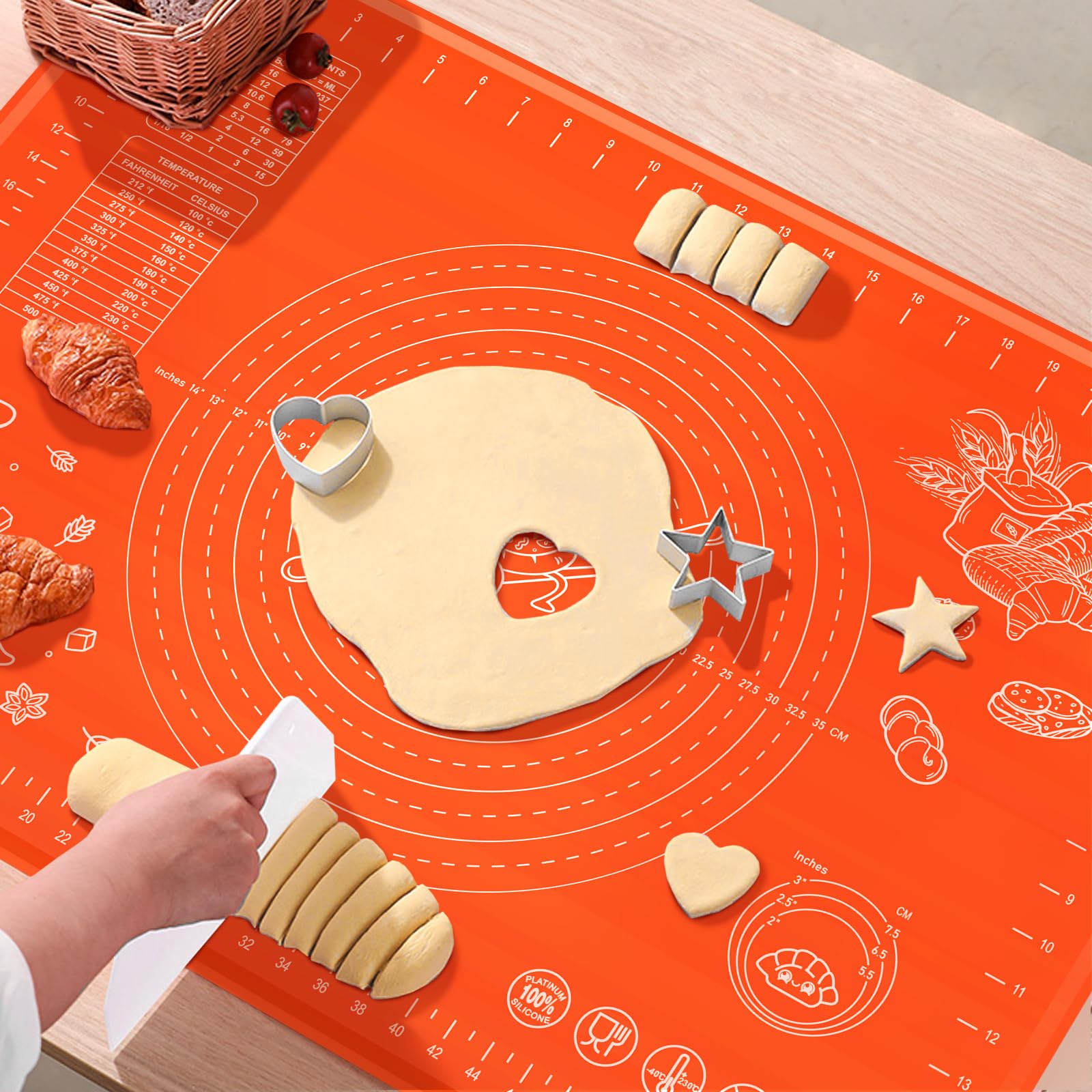 Silicone Baking Mat 32" x 24" Extra Thickness Dough Rolling Mat with Measurements and Edge Heightening, Non-stick Food Grade Silicone Pastry Mat for Pastry, Bread, Cookies, Pizza, Fondant, Pasta-Red