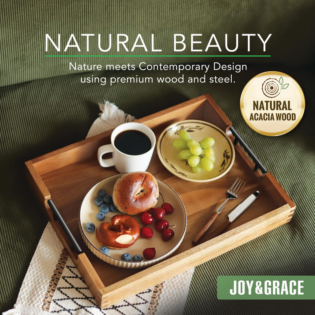 Joy&Grace Acacia Wood Ottoman Tray with Handles 16.7" x 12.8"
