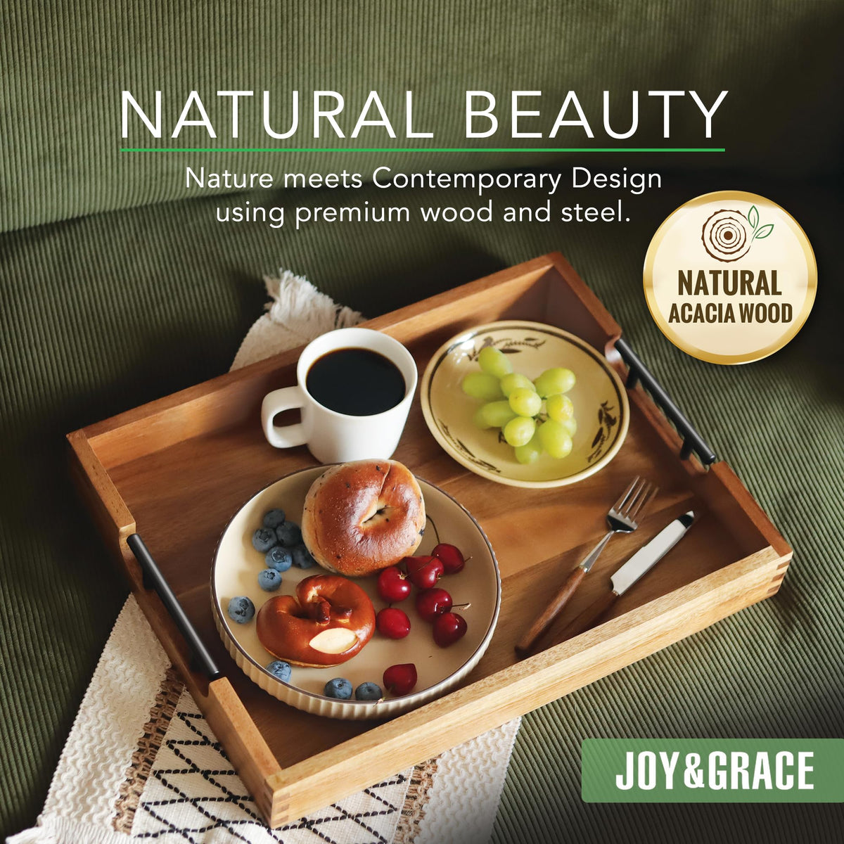 Joy&Grace Acacia Wood Ottoman Tray with Handles 16.7" x 12.8"