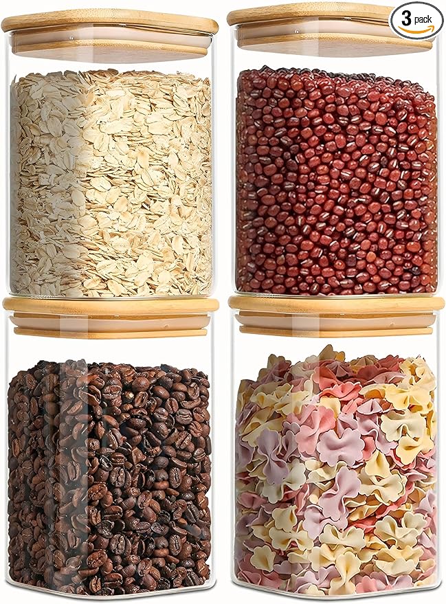 Square Glass Jars Canister with Wood Lid 37 FL OZ [Set of 4], Container Jar with Sealing, Lids for Oat Pasta Flour Cereal Rice Sugar Tea Coffee Beans, Best for Kitchen & Pantry