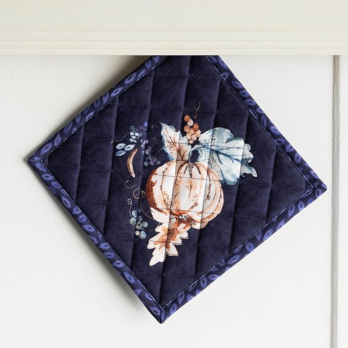 Maison d' Hermine Pot Holders 100% Cotton Heat Resistant Potholders 8" x 8" Hot Pads with Loop BBQ, Cooking, Baking, Grilling, Kitchen, Handling Hot Pans (Pack of 1, Pumpkin Blues)