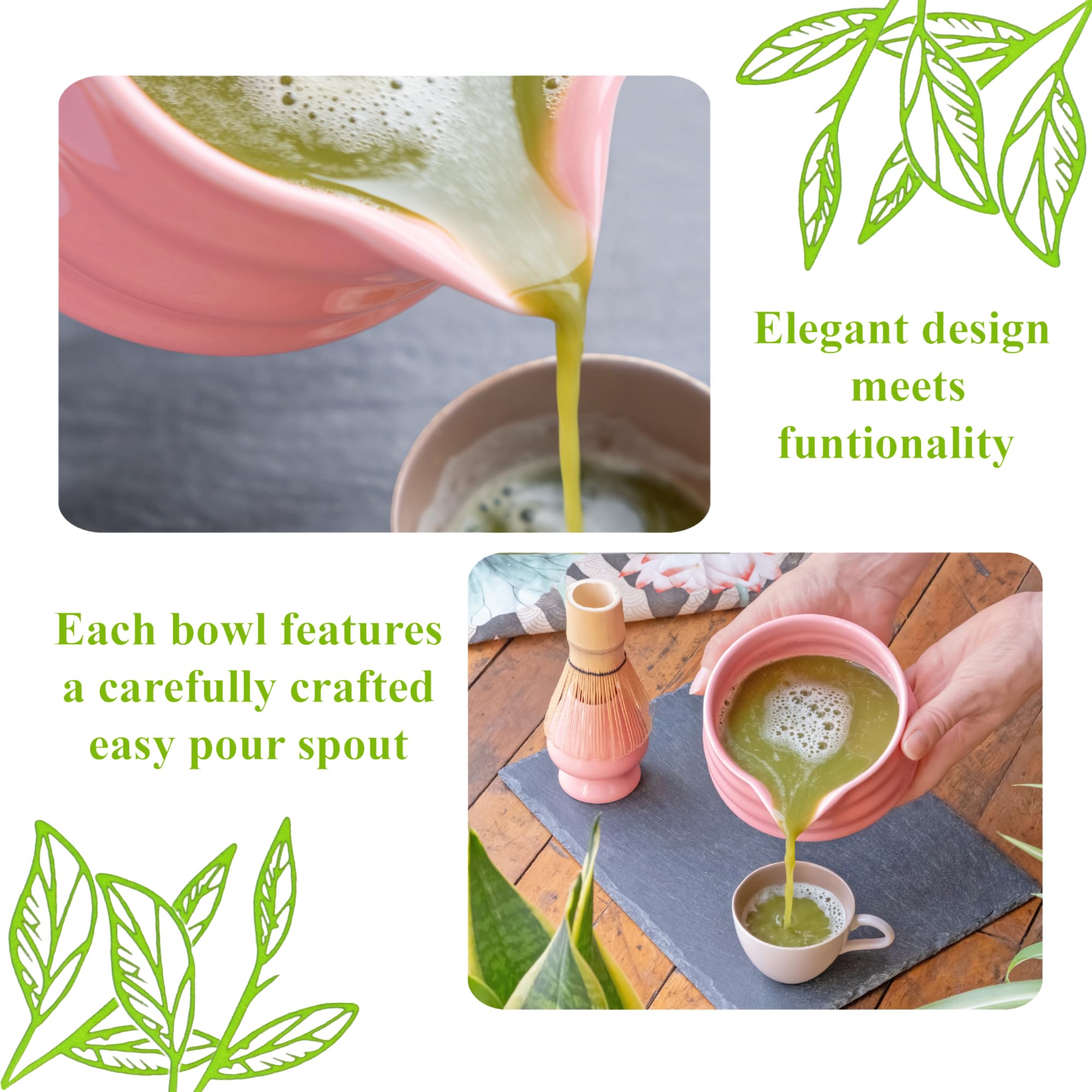 Marce Matcha Whisk Set- Matcha Set includes Matcha Whisk and Bowl with Spout, Sifter, Holder and Scoop- The Perfect Bamboo Whisk for Matcha Tea (Pink)