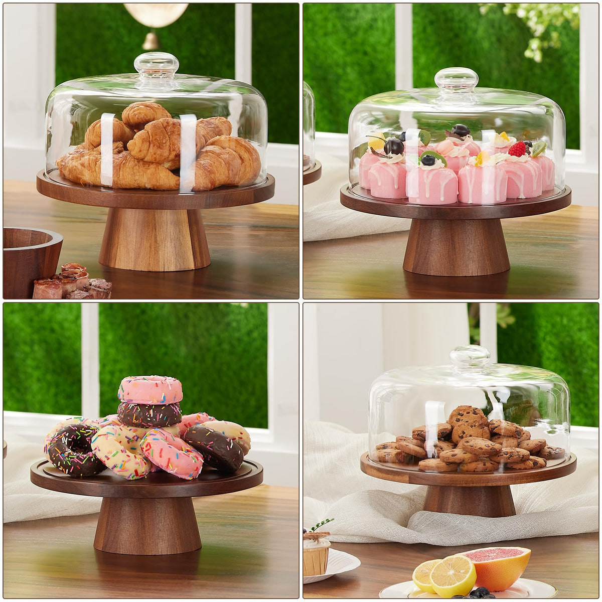 VIVIRBIEN 11in Acacia Wood Cake Stand with Glass Dome&Magnetic Pedestal