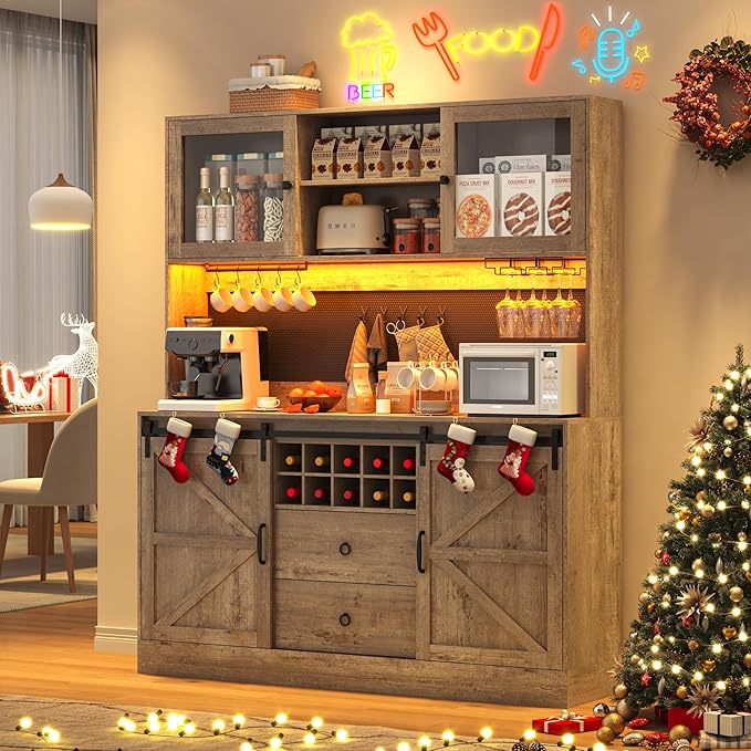 74" Tall 63" Wide Larg Bar Cabinet w/ Outlet,6000-color LED Light,Pegboard,Farmhouse Hutch Bar Cabinet w/Barn Door,2 Big Drawers,Adjustable Shelves,10 Wine & Glasses Rack,5 Hook for Kitchen,OAK