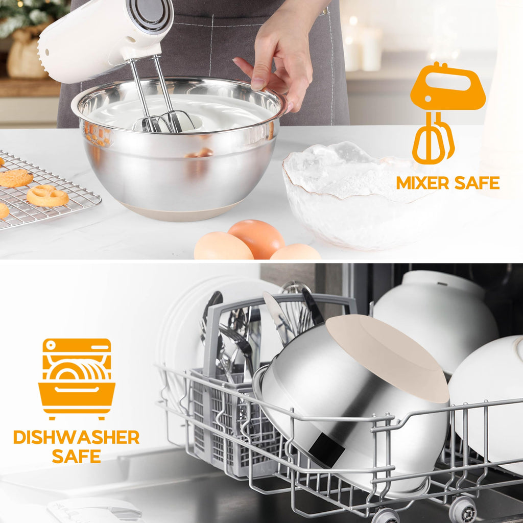 Onader Mixing Bowls with Lids Set of 6, Large Metal Nesting Mixing Bowls, Stainless Steel Non-Slip Salad Bowl Khaki – Size 0.7, 1, 1.5, 2, 2.6, 4.6QT