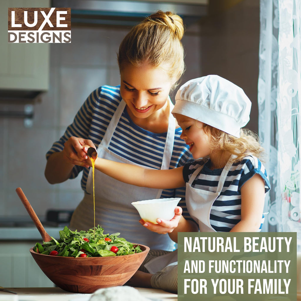 Luxe Designs Wooden Salad Bowl Set - Food Safe & Sustainable Decorative Bowl - Wood Bowl for Fruits, & Salads - Easy to Clean Large Salad Bowls Set w/Spoon, Fork – Wooden Bowls for Food