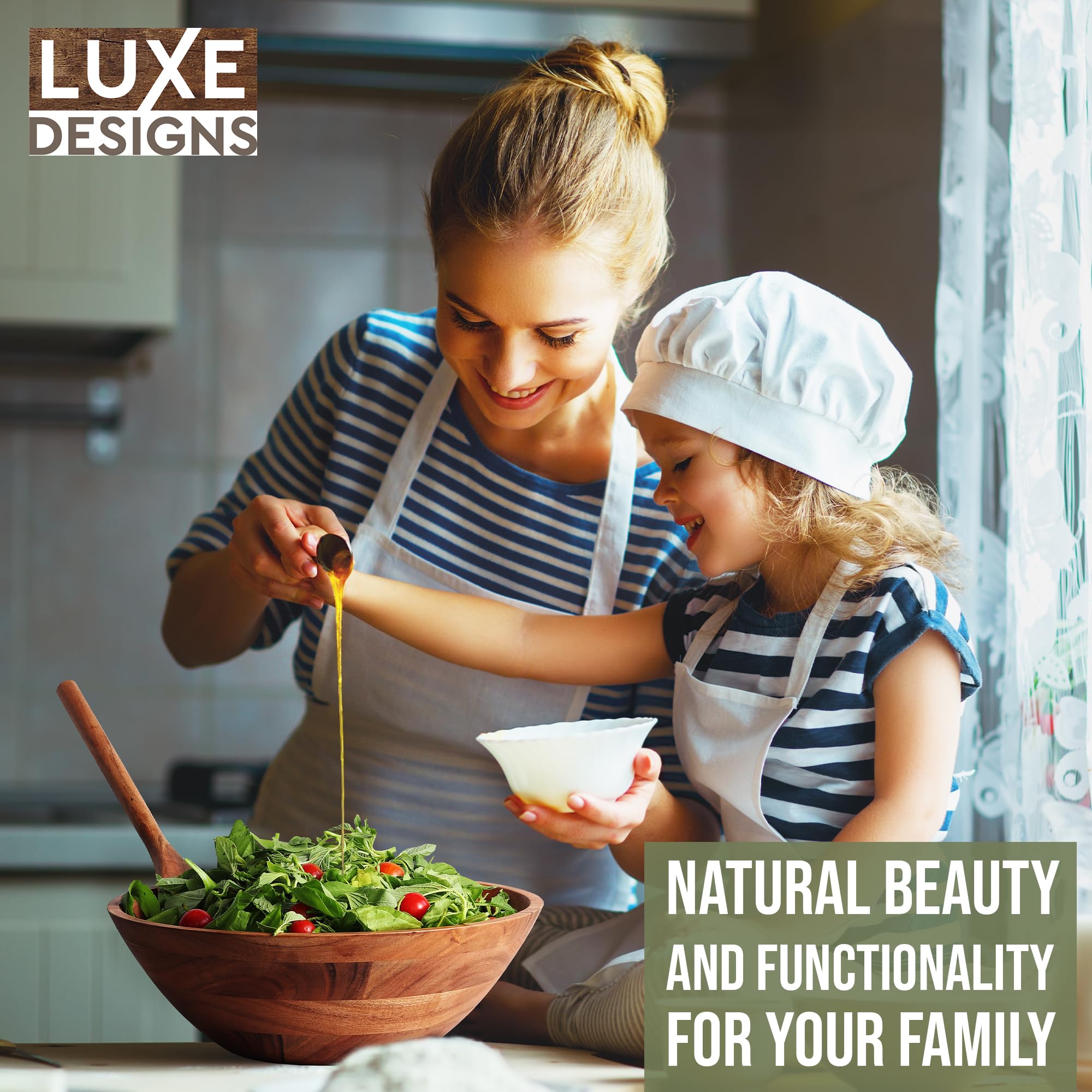 Luxe Designs Wooden Salad Bowl Set - Food Safe & Sustainable Decorative Bowl - Wood Bowl for Fruits, & Salads - Easy to Clean Large Salad Bowls Set w/Spoon, Fork – Wooden Bowls for Food