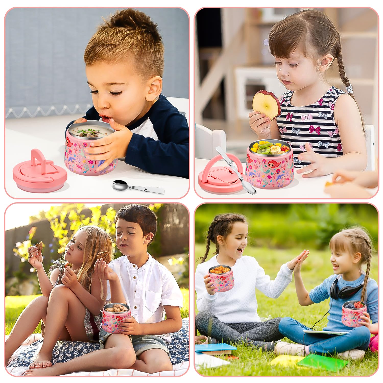 14oz Insulated Vacuum Food Jar with Buckle Lid,Soup Thermo for Hot Food Kids,Wide Mouth Leakproof Stainless Steel Lunch Container with Spoon-Mermaid