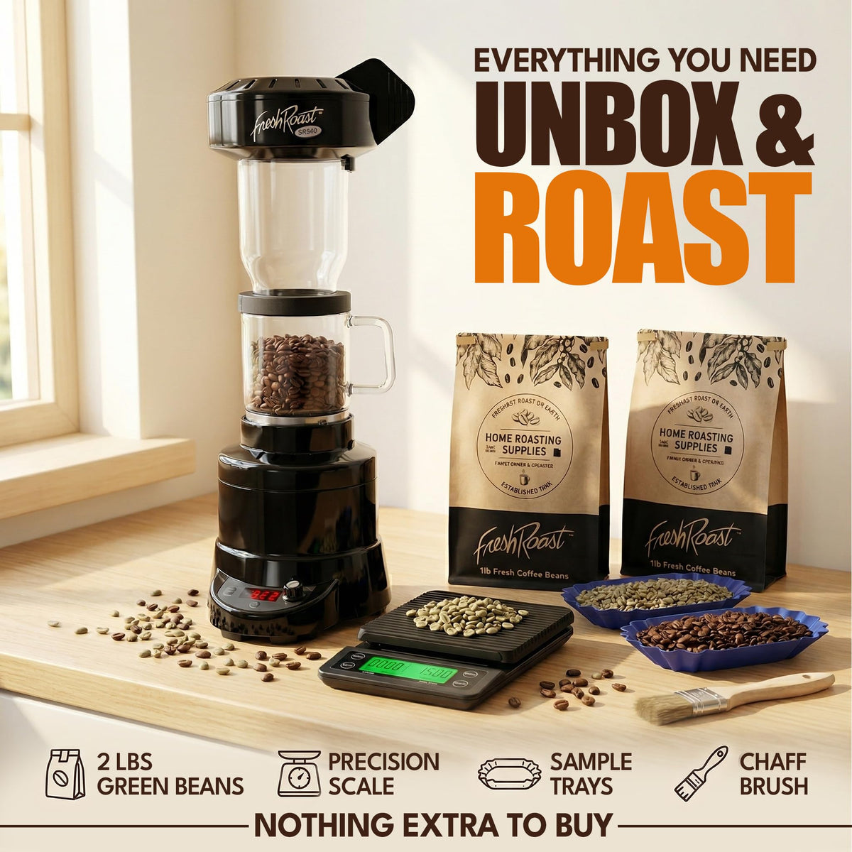 Fresh Roast SR540 Coffee Roaster Bundle with Glass Extension Tube, Digital Coffee Scale & Green Coffee Beans