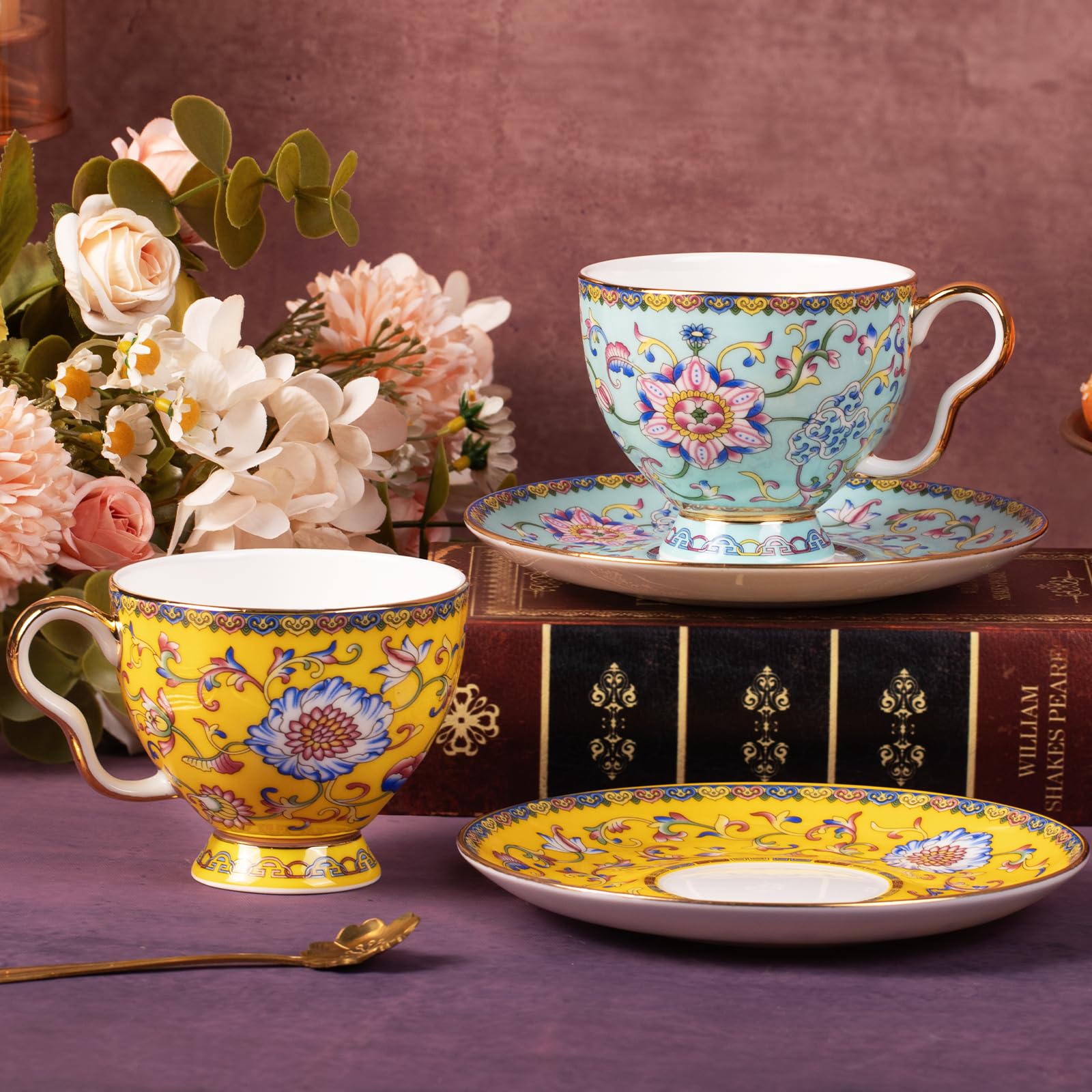 KAMMAK Tea Cup and Saucer, Ceramic Coffee Cups, 7.4 oz, Set of 2