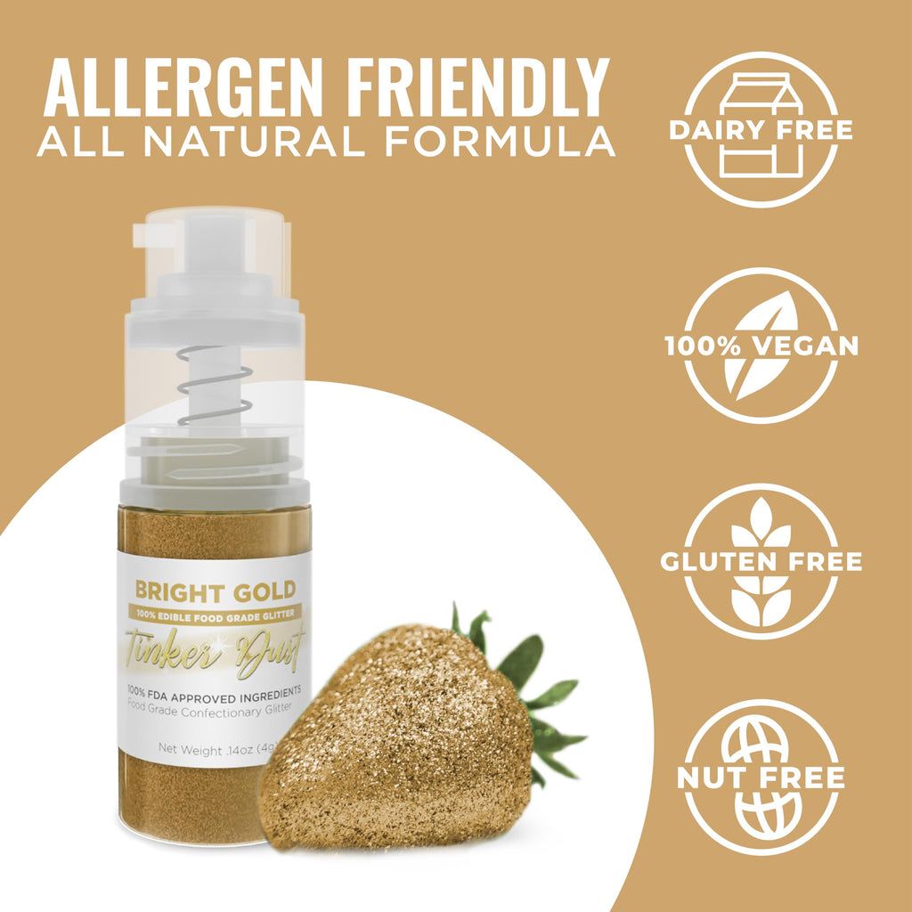 Bakell - Bright Gold Tinker Dust (4g, 1x Mini Spray Pump) Edible Glitter for Food, Desserts, and Baked goods!