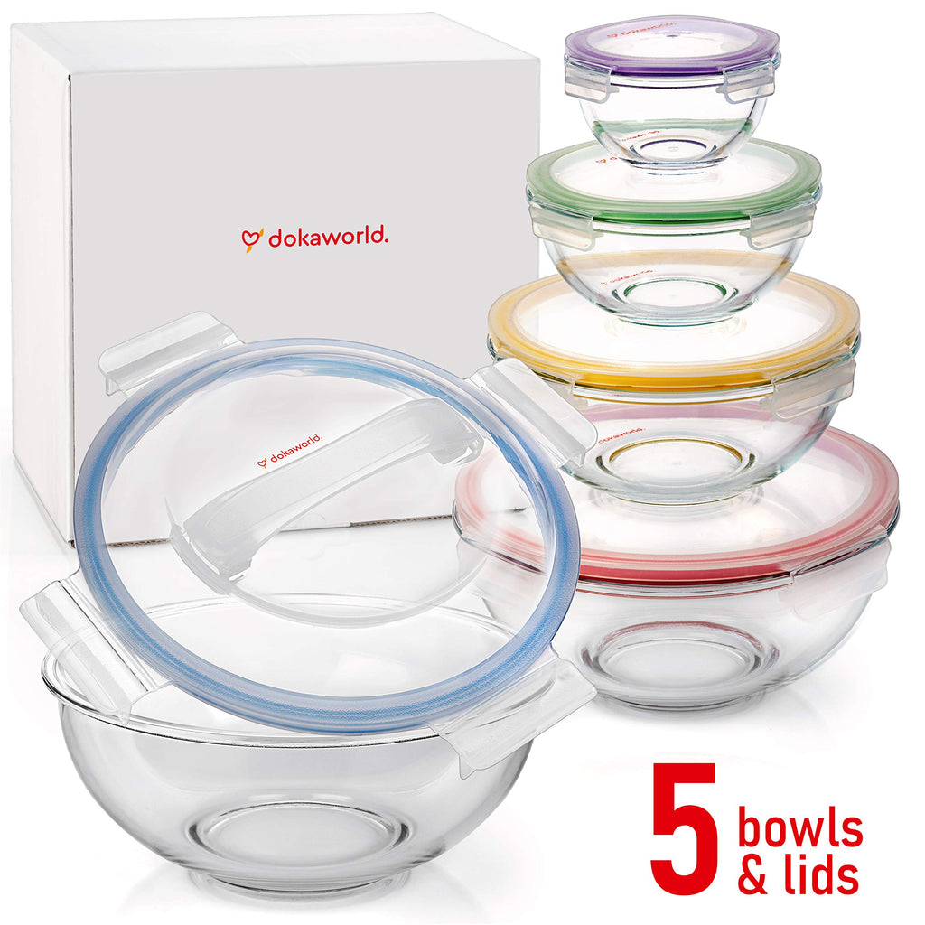 dokaworld Set of 5 Stackable Space-Saving Nesting Glass Bowls with BPA Free Lids for Foodprep, Storage, Baking, Mixing & Cooking, Microwave Safe - Durable Inert Borosilicate Glass