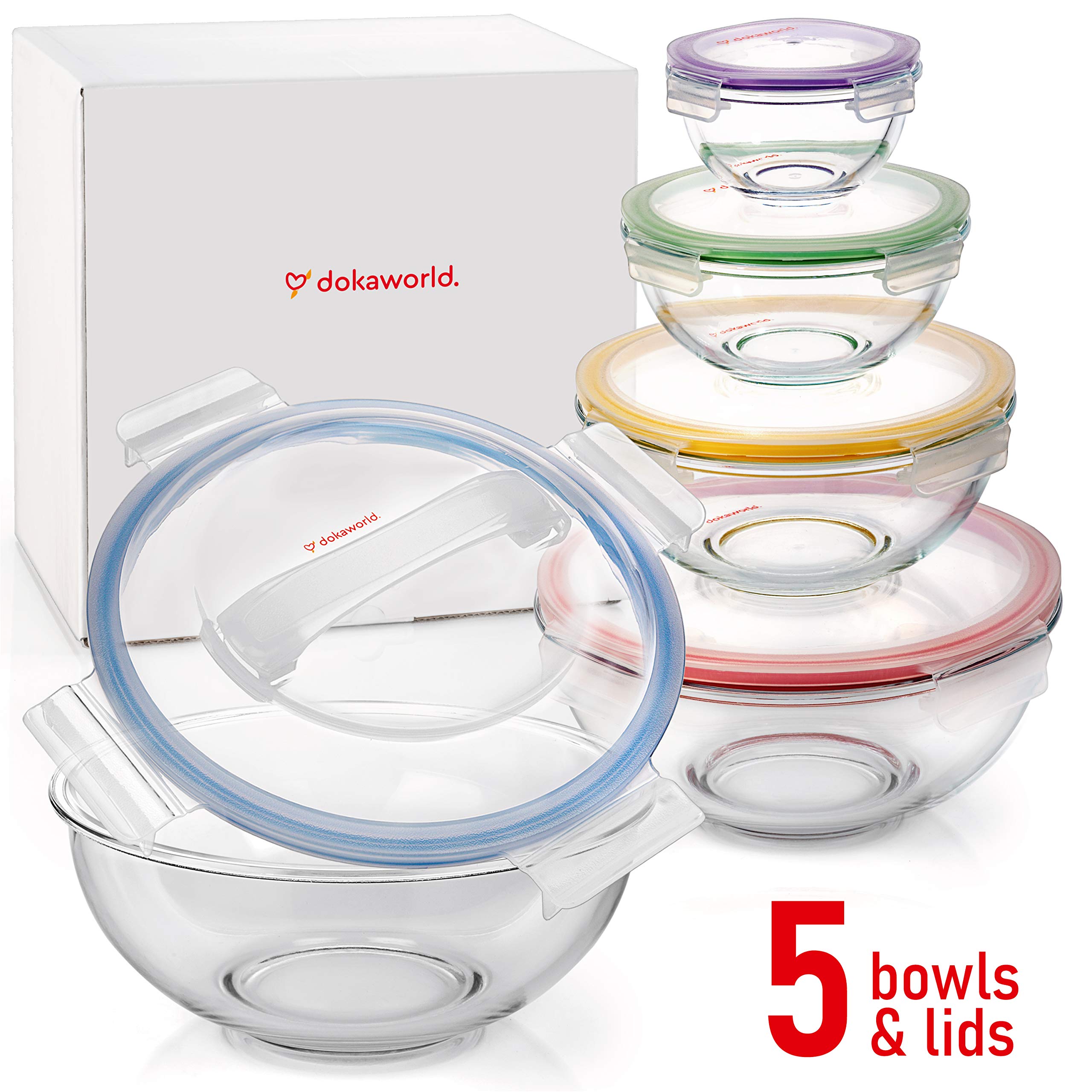 dokaworld Set of 5 Stackable Space-Saving Nesting Glass Bowls with BPA Free Lids for Foodprep, Storage, Baking, Mixing & Cooking, Microwave Safe - Durable Inert Borosilicate Glass