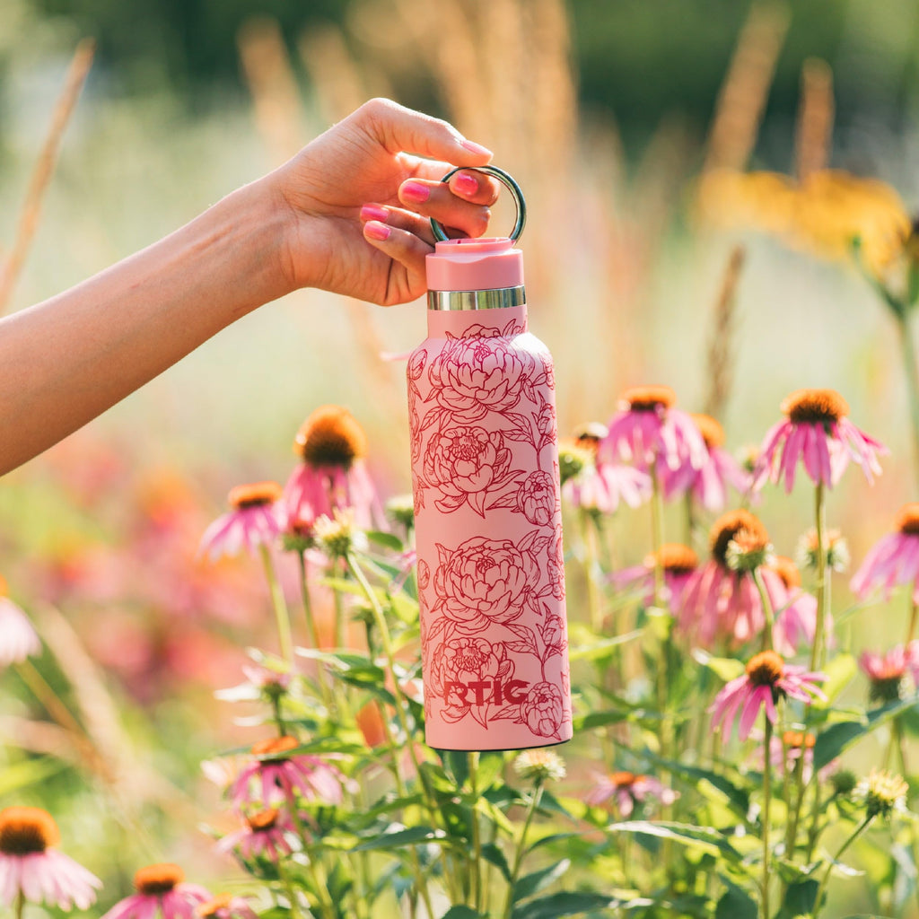 RTIC 20oz Journey Water Bottle Ceramic Lined Metal Stainless Steel Vacuum Insulated, BPA Free, Reusable, for Water, Hot and Cold Drinks, Travel, Sports, Camping, Pink Peonies
