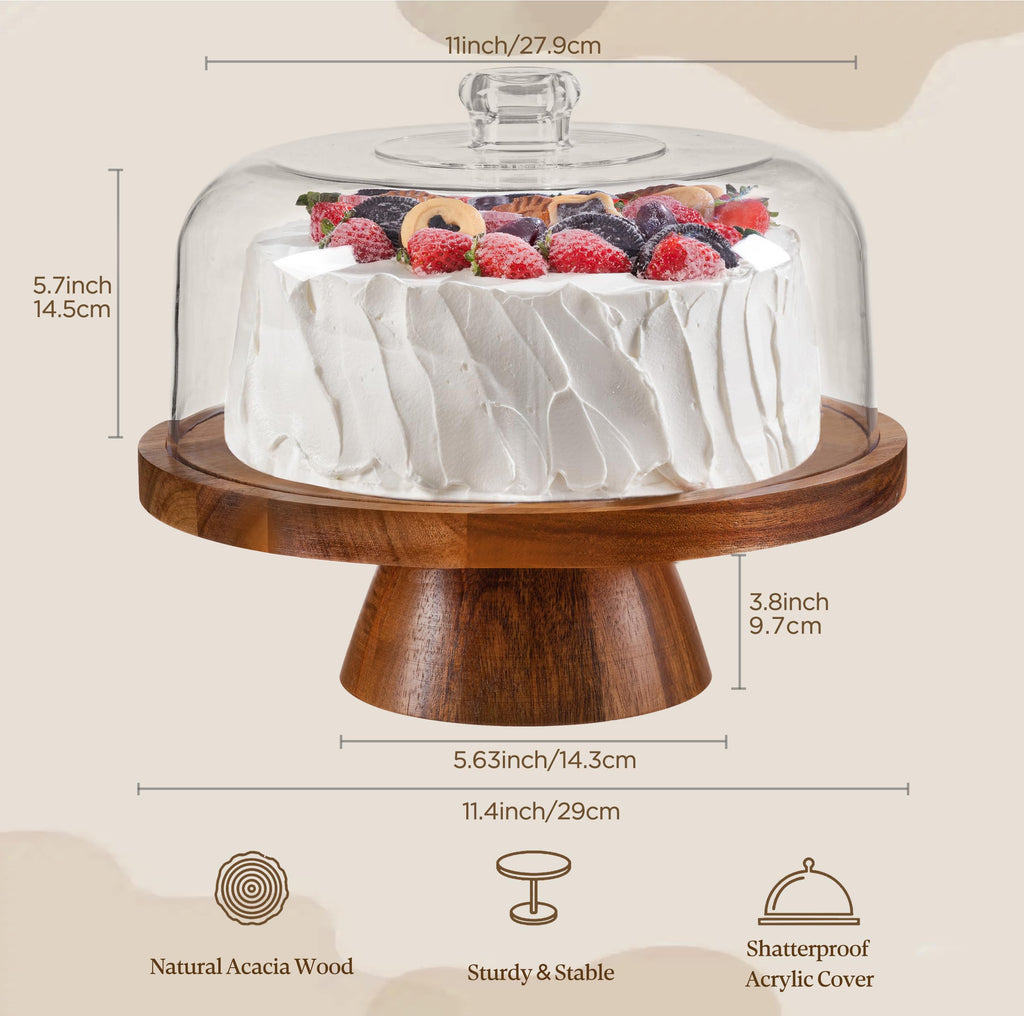 HBlife Cake Stand with Lid (11.4"), Multifunctional Cake Stand with Acrylic Dome, Acacia Wood 6-in-1 Cake Plate Display Stand with Cover for Baking Gifts, Birthday Kitchen Parties, Weddings