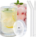 2 Pcs Iced Coffee Glasses Cups with Glass Lids and Straws,12 oz Thick Emboss Beaded Drinking Glass Cup Set,Latte Glasses,Ideal for Water,Soda,Gift - with Cleaning Brushe
