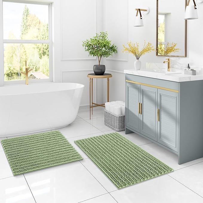 Arotive Luxury Chenille Bathroom Rug Mat, Extra Soft Thick Absorbent Shaggy Bath Rugs, Non-Slip Machine Wash Dry, Plush Bath Mats for Bathroom, Shower and Tub, 30x17, Sage Green