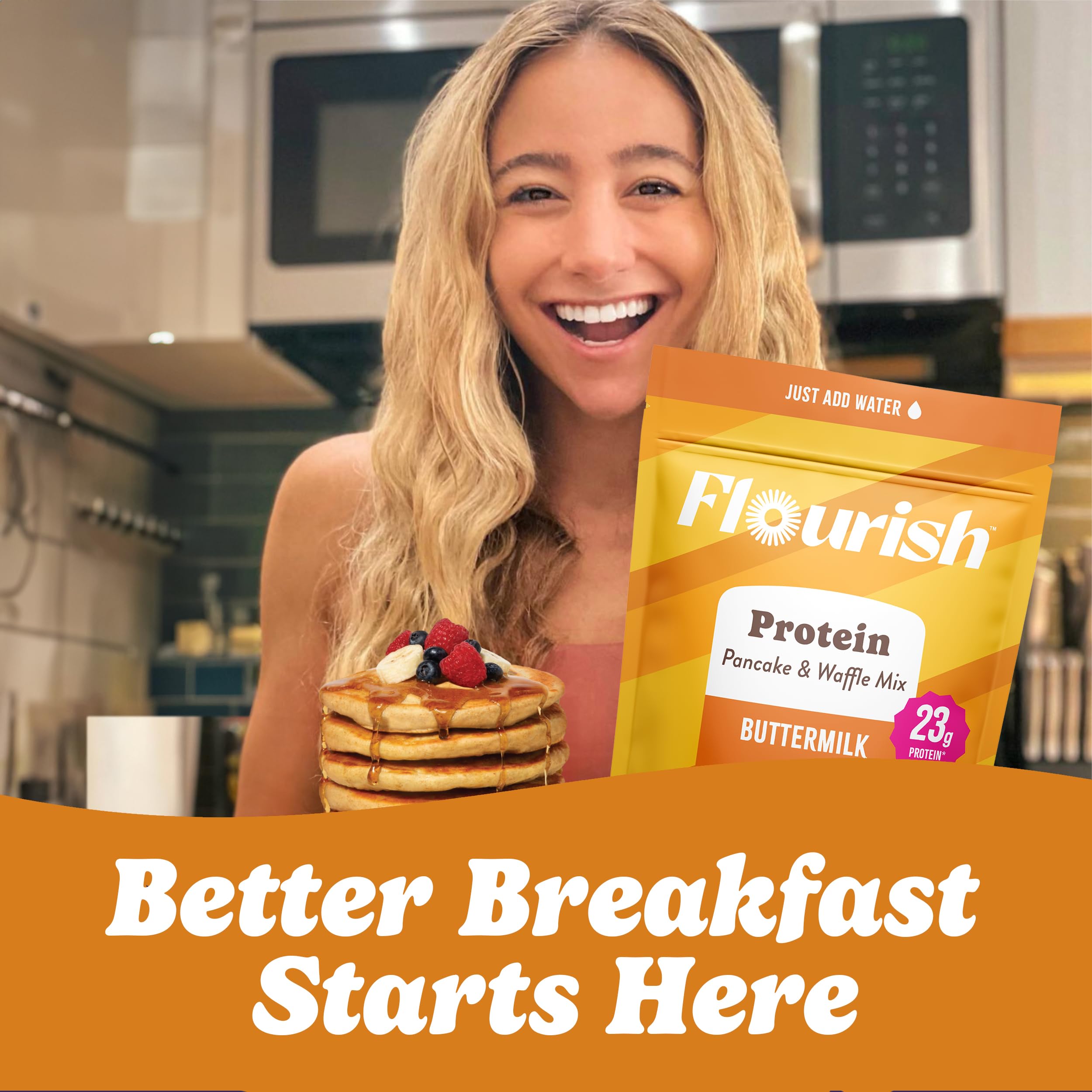 Flourish Protein Pancake & Waffle Mix, with Whey Protein & Flax Seed, No Added Sugar, High in Protein & Fiber - Just Add Water - Buttermilk Flavour, 430g (3 Pack) - Made in Canada