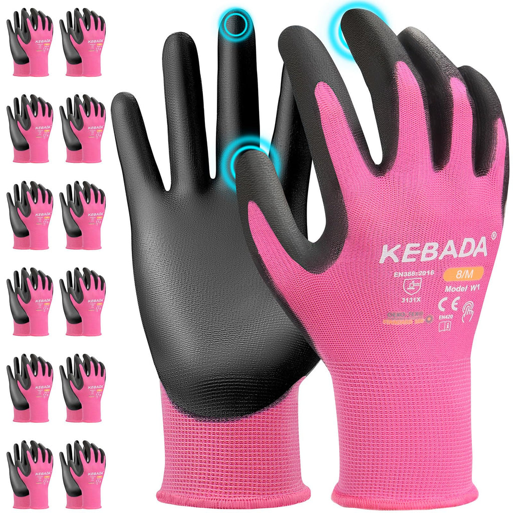 Kebada W1 Safety Work Gloves Women, Touchscreen, PU Coated, 12 Pairs, Pink