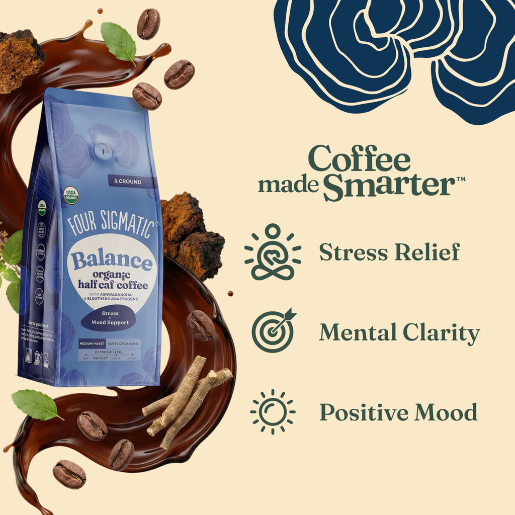 Four Sigmatic Organic Balance Adaptogen Ground Coffee | Medium Roast USDA Organic Coffee with Ashwagandha, Chaga Mushroom, Eleuthero and Tulsi | Focus and Energy Boosting Coffee | 12oz Bag