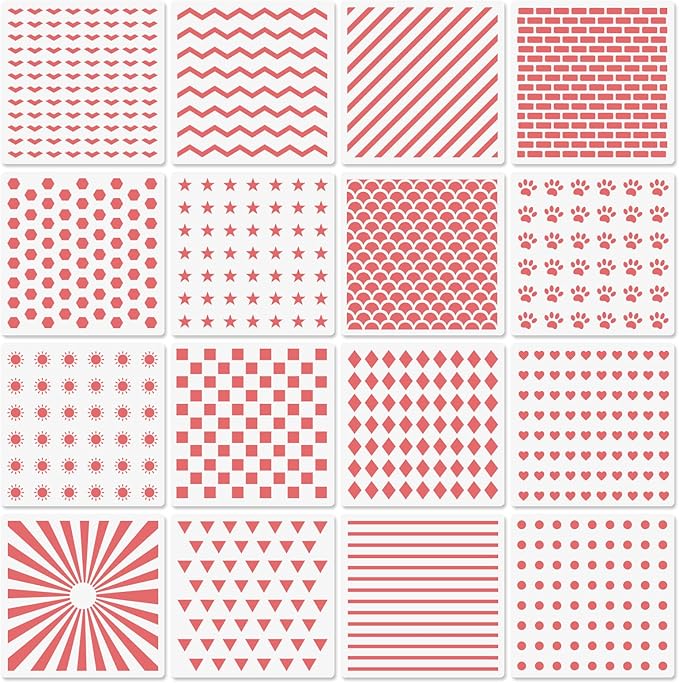 Cookie Stencils for Royal Icing Cookies Sugar Cookie, 16 Pcs 6x6in Reusable Plastic Biscuit Cake Stencils with Checkered Star Heart Dog Paw Shapes for Airbrush Baking Craft Drawing DIY Art Decor
