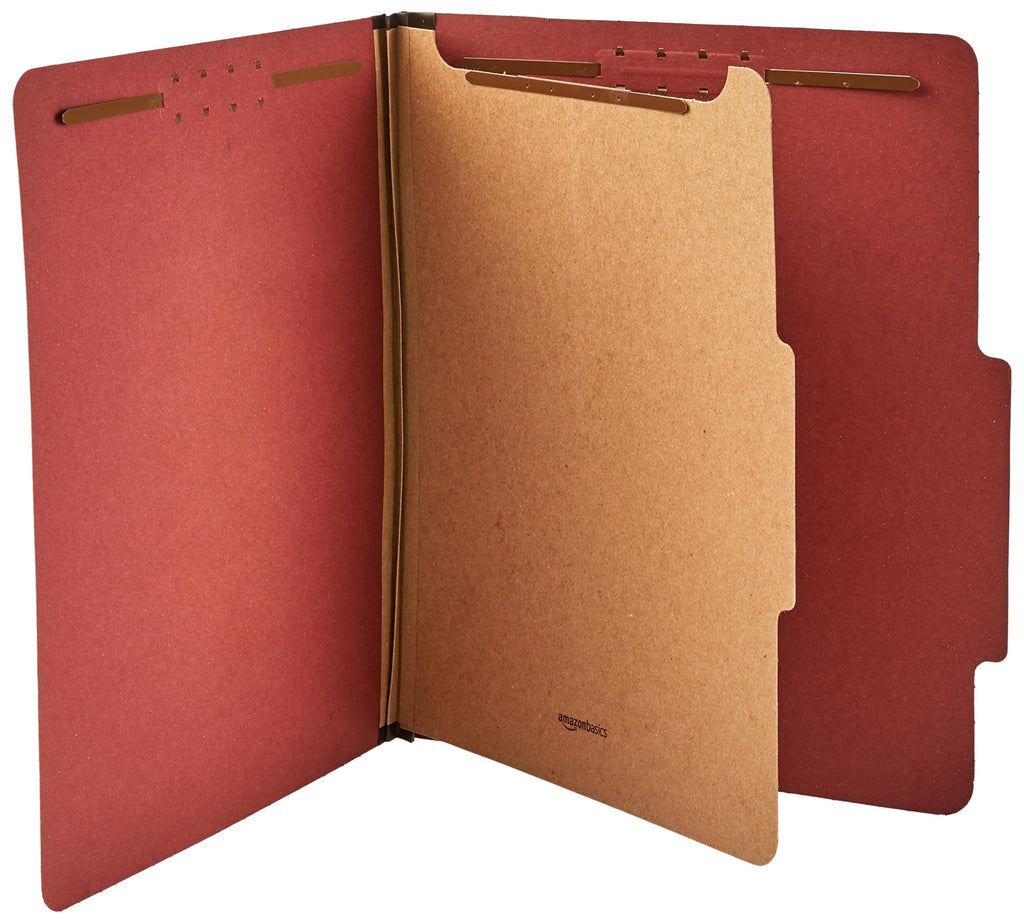 Amazon Basics Classification File Folder, 1 Divider, 2" Embedded Fasteners, Letter Size, 100% Recycled Material, Red, 10 Count