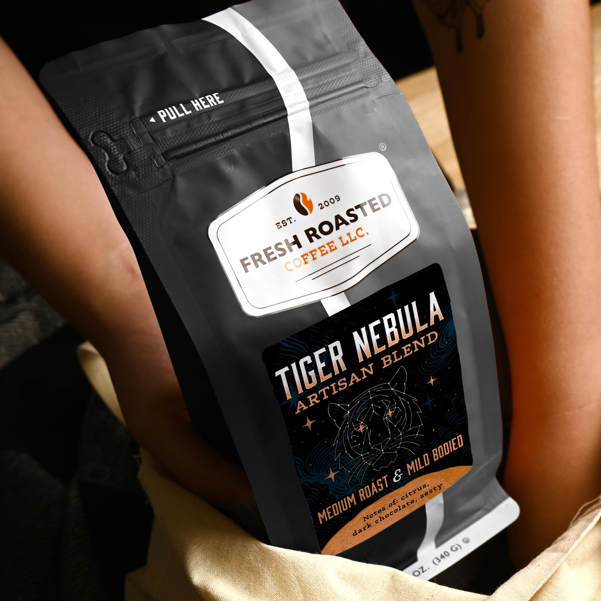 Fresh Roasted Coffee, Tiger Nebula Whole Bean Coffee, Medium Roast, Kosher, 12 oz