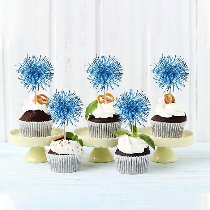 40 PCS Foil Firework Cupcake Toppers Light Blue Sparkler Cupcake Picks Sparkle Tinsel Fireworks Decorations Cocktail Fruit Toothpick for Firework Theme Birthday Wedding Graduation Party Decor Supplies