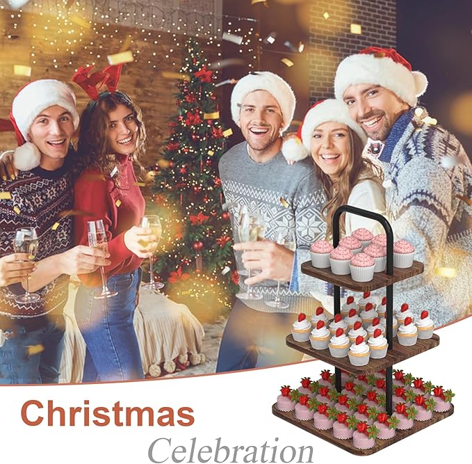 Cupcake Stand, 3-Tier Dessert Stand for 32 Cupcakes, Wood & Metal Tower Display Premium Holder Dessert Tree Tower for Wedding Graduation Birthday Christmas Party, Serving Tray