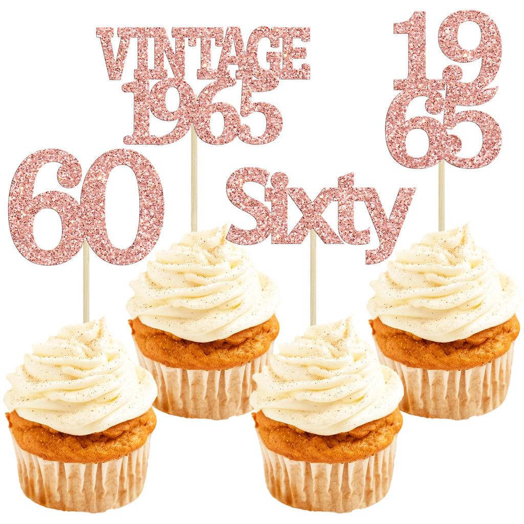 Gyufise 24Pcs 60th Birthday Cupcake Toppers Cheers to 60 Fabulous Sixty Cupcake Picks Vintage 1965 Decorations for 60th Birthday Wedding Anniversary Party Cake Decorations Supplies Rose Gold