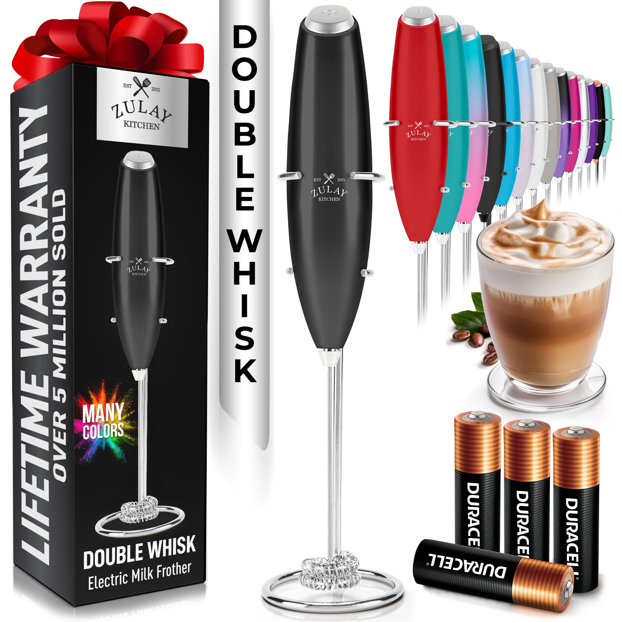 Zulay Kitchen Powerful Milk Frother Wand With Duracell Batteries - Ultra Fast Handheld Drink Mixer - Electric Whisk Foam Maker for Coffee, Lattes, Cappuccino & Matcha - Double Whisk - Metallic Black