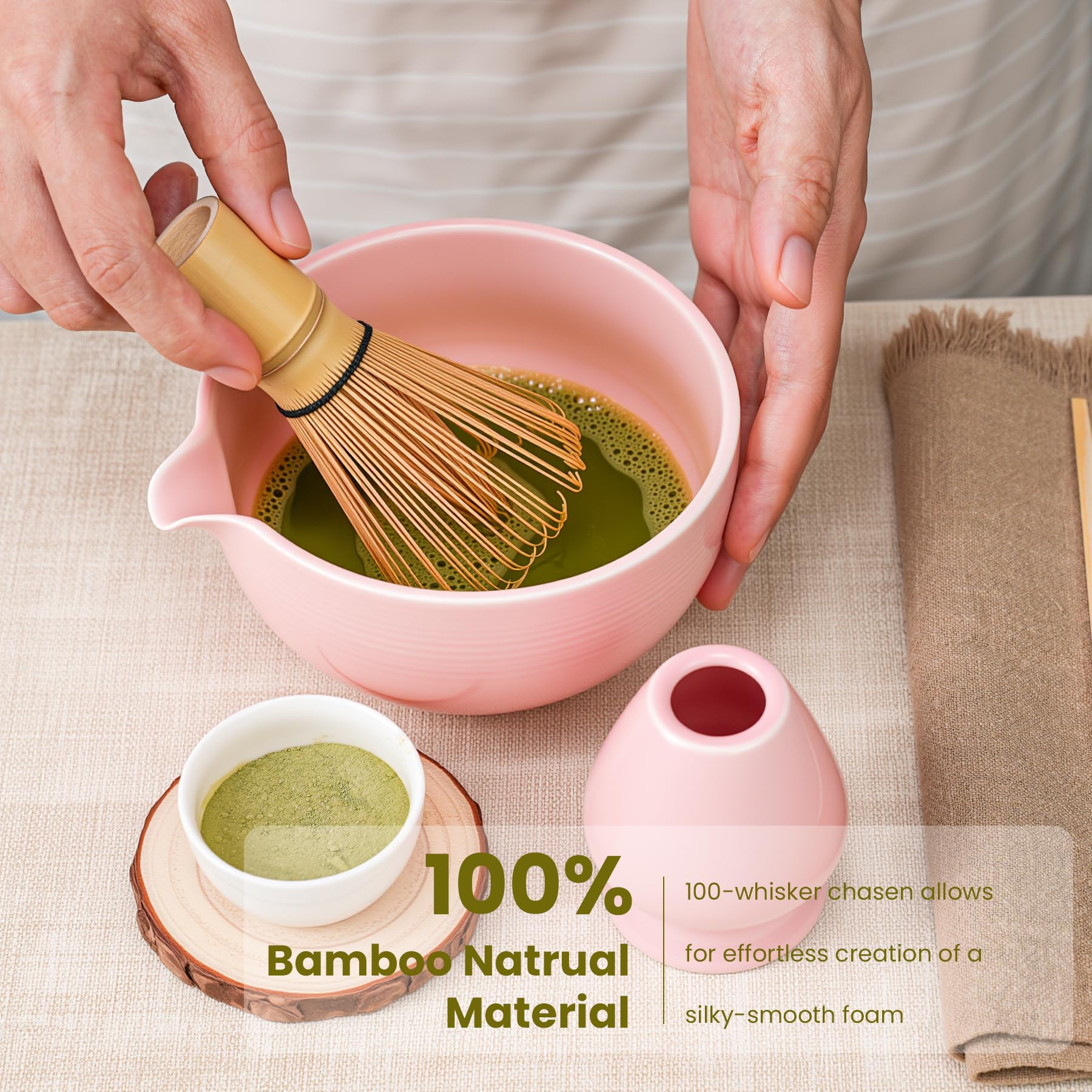 Matcha Whisk Set, Ceramic Bowl Matcha Kit & Handcrafted Bamboo Chasen, Complete 5 Pcs Matcha Set Whisk and Bowl, Stainless Steel Sifter, Bamboo Scoop & Holder for Matcha Lovers