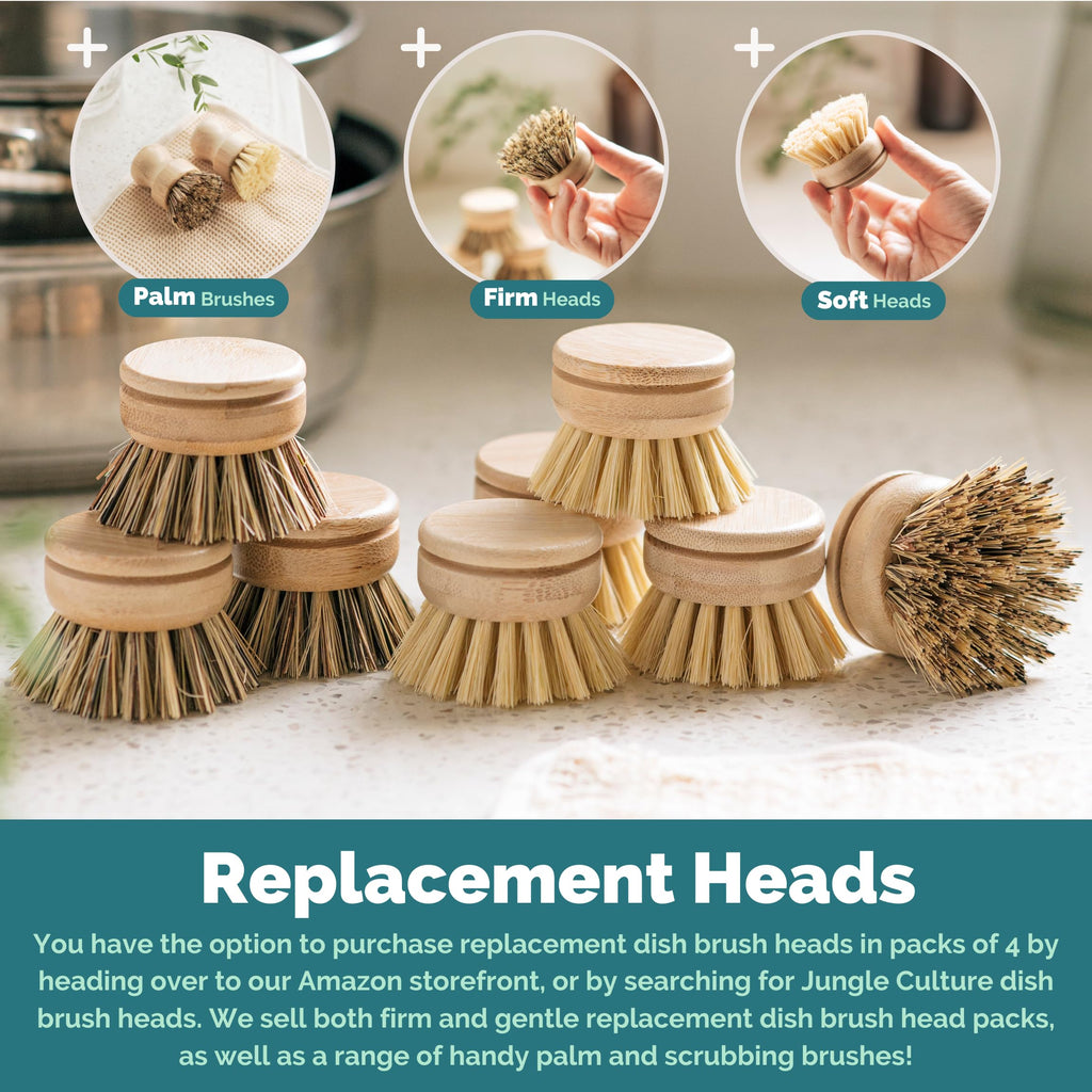 Jungle Culture 4 Piece Bamboo Dish Brush Set for Washing Up • Long Lasting Wooden Dish Brush with 3 Replacement Heads & Loofah Sponge Scourer • Eco Friendly Wooden Scrub Brush for Pots, Pans & Dishes