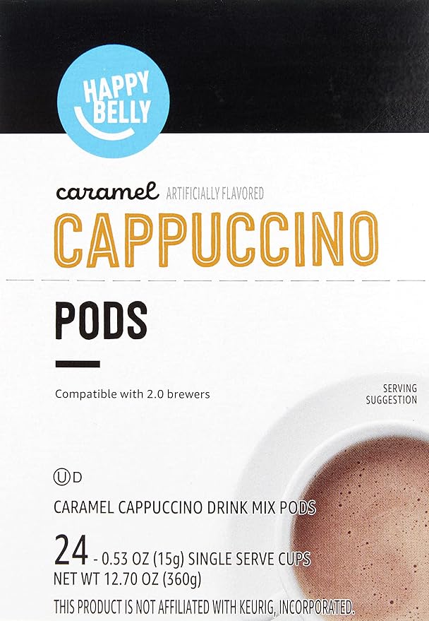 Amazon Brand - Happy Belly Cappuccino Coffee Pods Compatible with K-Cup Brewers, Caramel Flavored, 24 Count (Pack of 2)