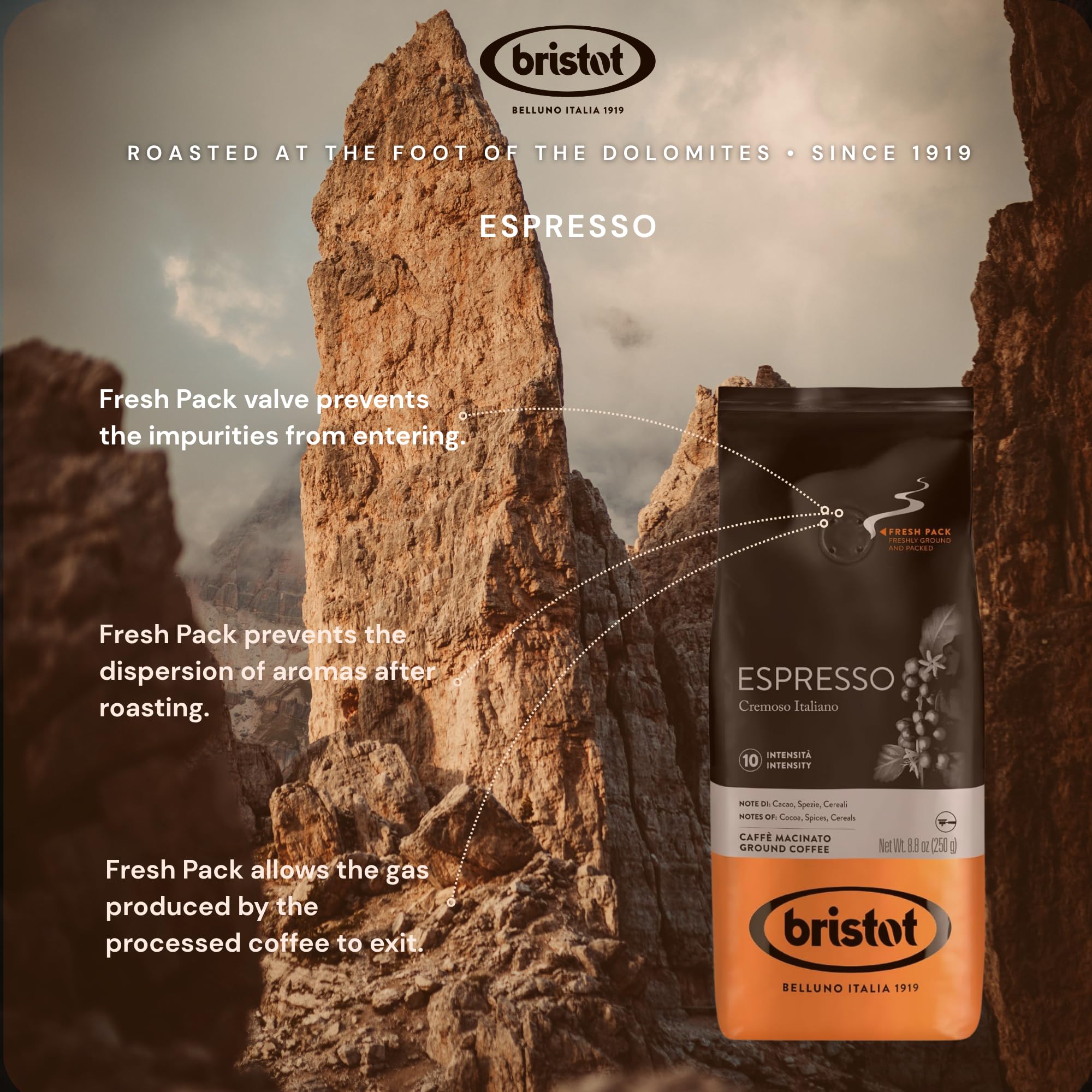 Bristot Espresso Cremoso Italiano Ground Coffee – Medium Roast, Rich & Smooth – 8.8oz (250g) Bag – Italian Ground Espresso for Home Machines