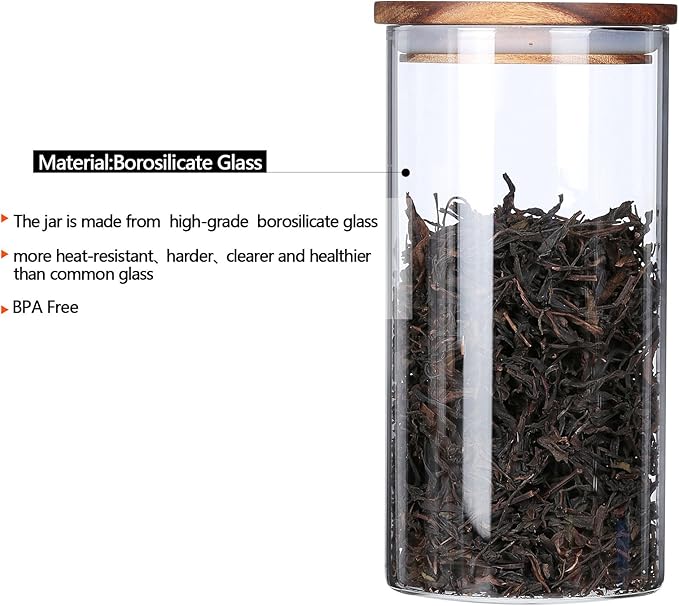 KKC HOME ACCENTS Clear Borosilicate Glass Storage Canister with Airtight Wood Lids,Air Tight Sealed Glass Jar for Loose Leaf Tea,Grinder Coffee,Coffee Beans,Matcha,39 Fluid Ounces