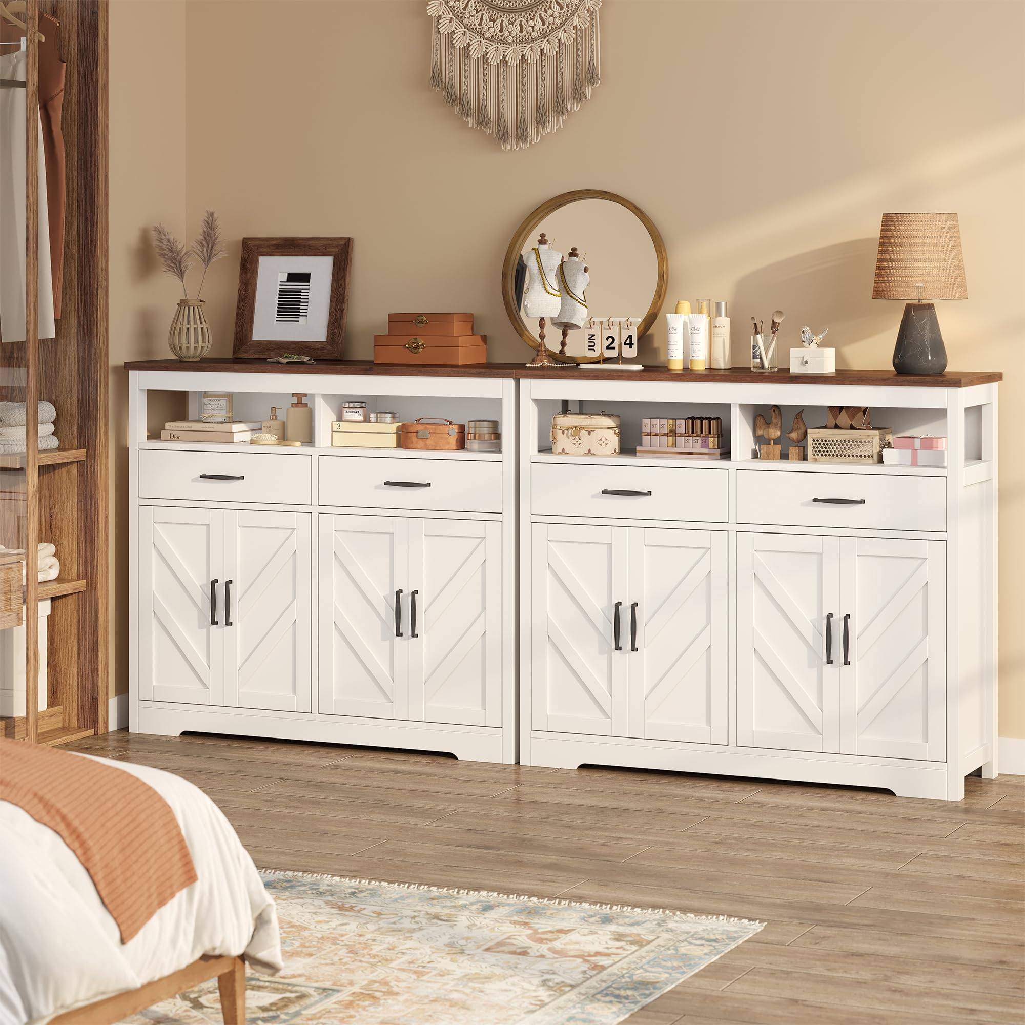 knoworld Buffet Sideboard with Storage Farmhouse with 4 Doors, 47'' Large Kitchen Storage Cabinet Wood Coffee Bar Cabinet Buffet Table with Shelves for Kitchen, Dining Room, Entryway, 47" W White