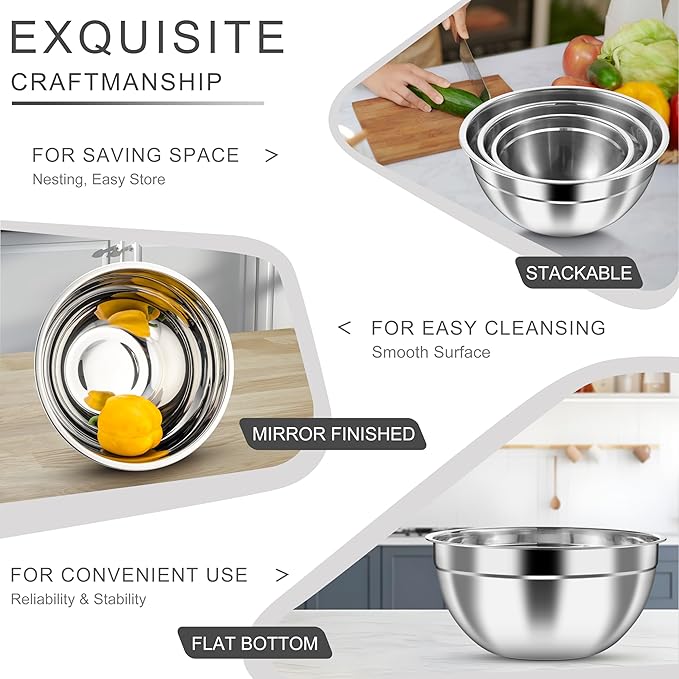 HaWare Mixing Bowls with Airtight Clear Lids, 6-Piece Stainless Steel Strong Nesting Bowls Set, Metal Salad Bowl for Cooking, Prepping, Baking, Serving & Food Storage, Size 4.6, 3, 1.5QT, Colorful