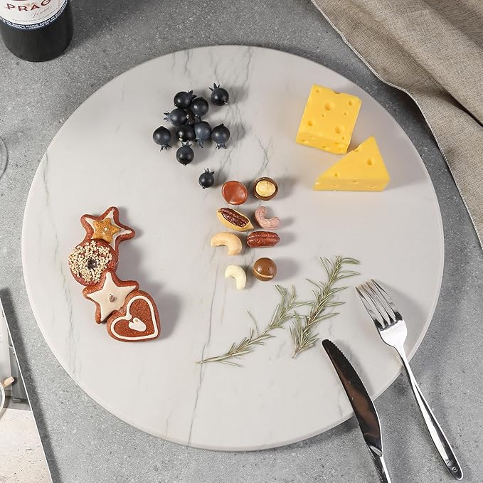 Koville Natural White Marble Cutting Board, 16 Inch Marble Cutting Boards for Kitchen Countertop, Stone Cheese Boards Pastry Boards for Baking, Charcuterie, Trivet, Round Serving Slab for Counter