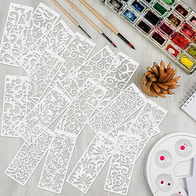 18 Pcs Large Flower Border Stencils for Painting, Reusable Plastic Leaf Cake Decorating Stencils for Baking, Hollowed Floral Edge Painting Templates for DIY Wood Wall Tile Furniture Canvas, 4" x 11.8"