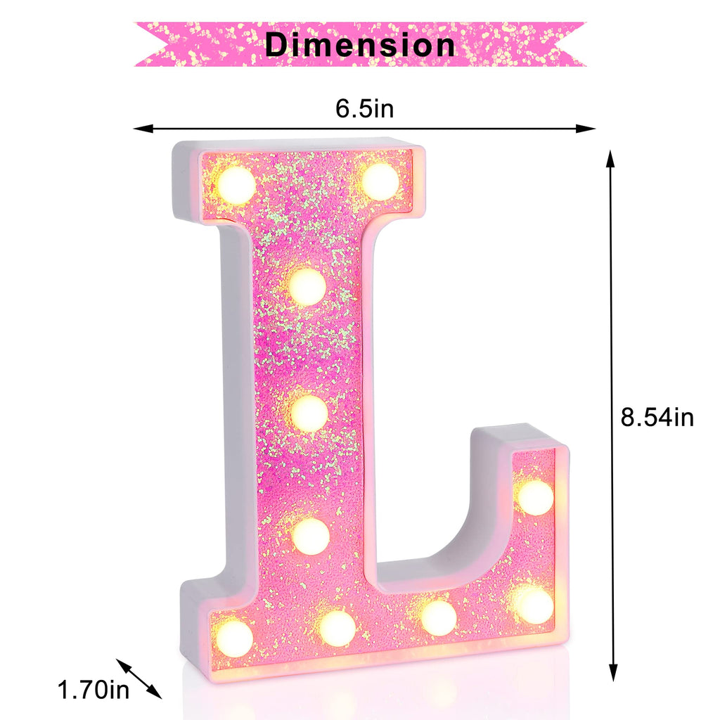 Foaky Pink Light up Letters，Pink Party Decorations,Girls Room Decor,Glitter Light Up Letters,Alphabet Letter Sign for Night Light Birthday Party Girls Gifts, Home Bar Decoration（L）