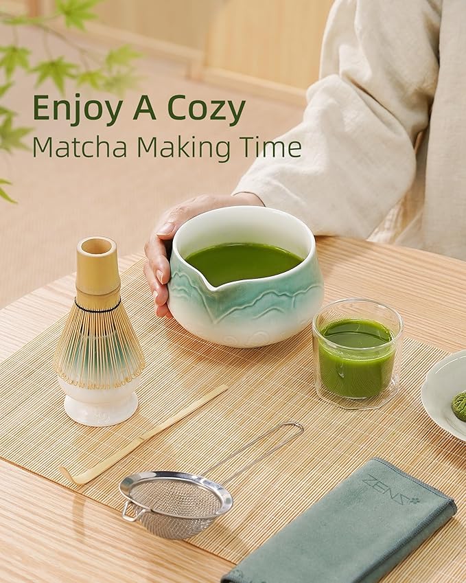ZENS Matcha Whisk Set, Ceramic Matcha Set Includes Matcha Bowl, Matcha Whisk and Holder, Bamboo Scoop, Stainless Sifter & Tea Towel - 6Pcs Matcha Kit for Matcha Ceremony, Blue