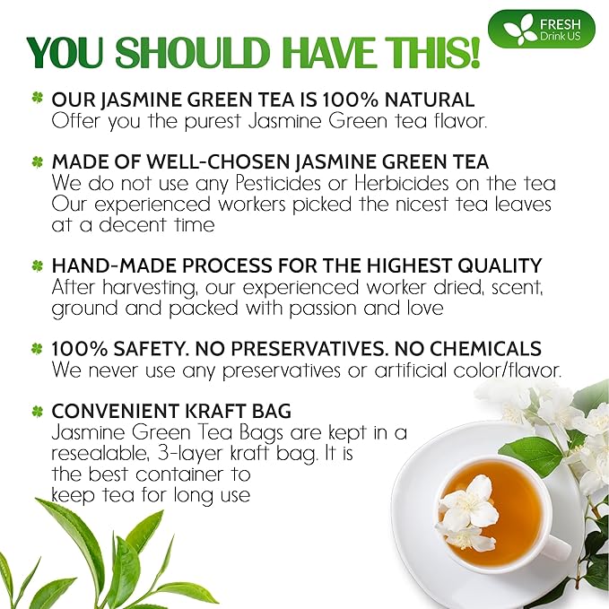 FreshDrinkUS, Premium 55 Jasmine Green Tea Bags, 100% Natural & Pure from Jasmine Green Tea. Jasmine Green Herbal Tea. Made with Natural Material Tea Bags. No Sugar, No Gluten, Vegan.