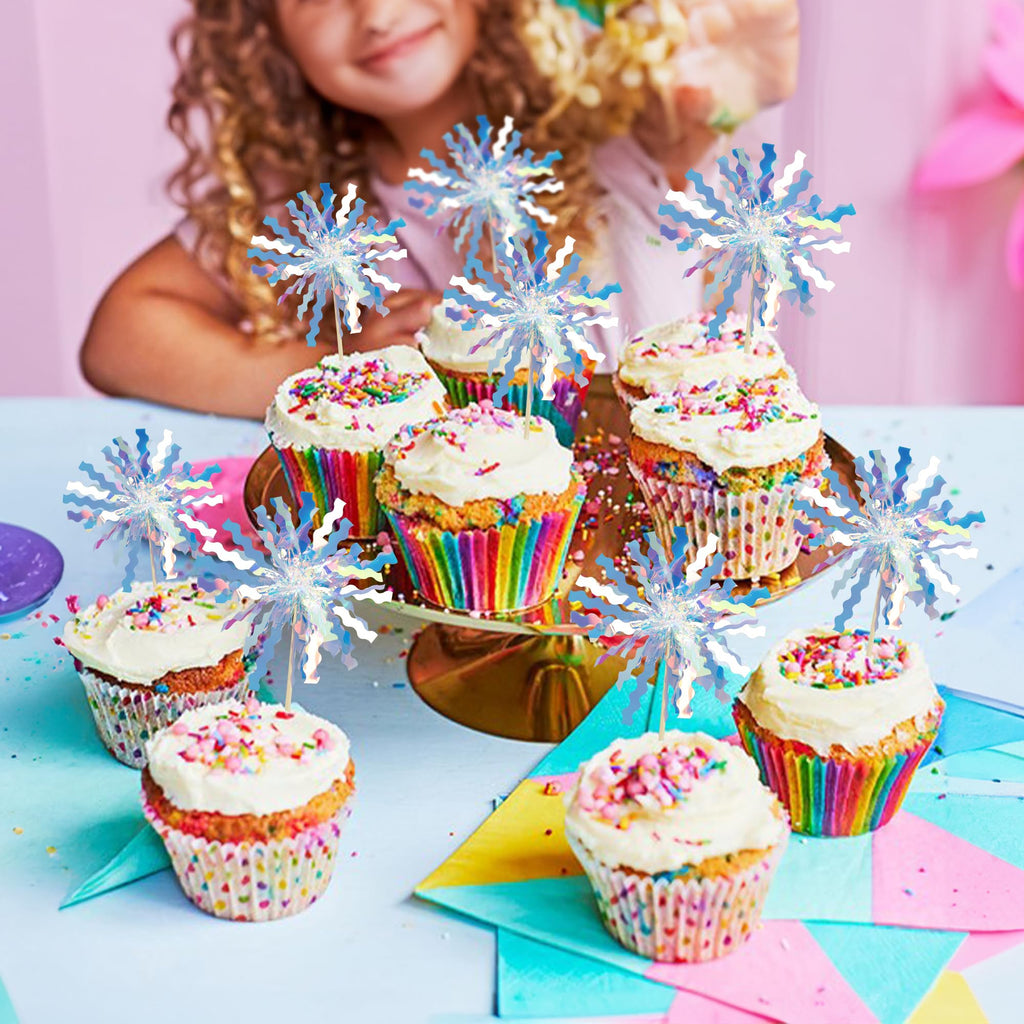 Gyufise 30Pcs Foil Firework Cupcake Toppers Happy Birthday Cake Toppers Tinsel Flower Drink Stirrers Cocktail Food Fruit Toothpicks for Valentine's Day Party Birthday Wedding Supplies Laser Silver