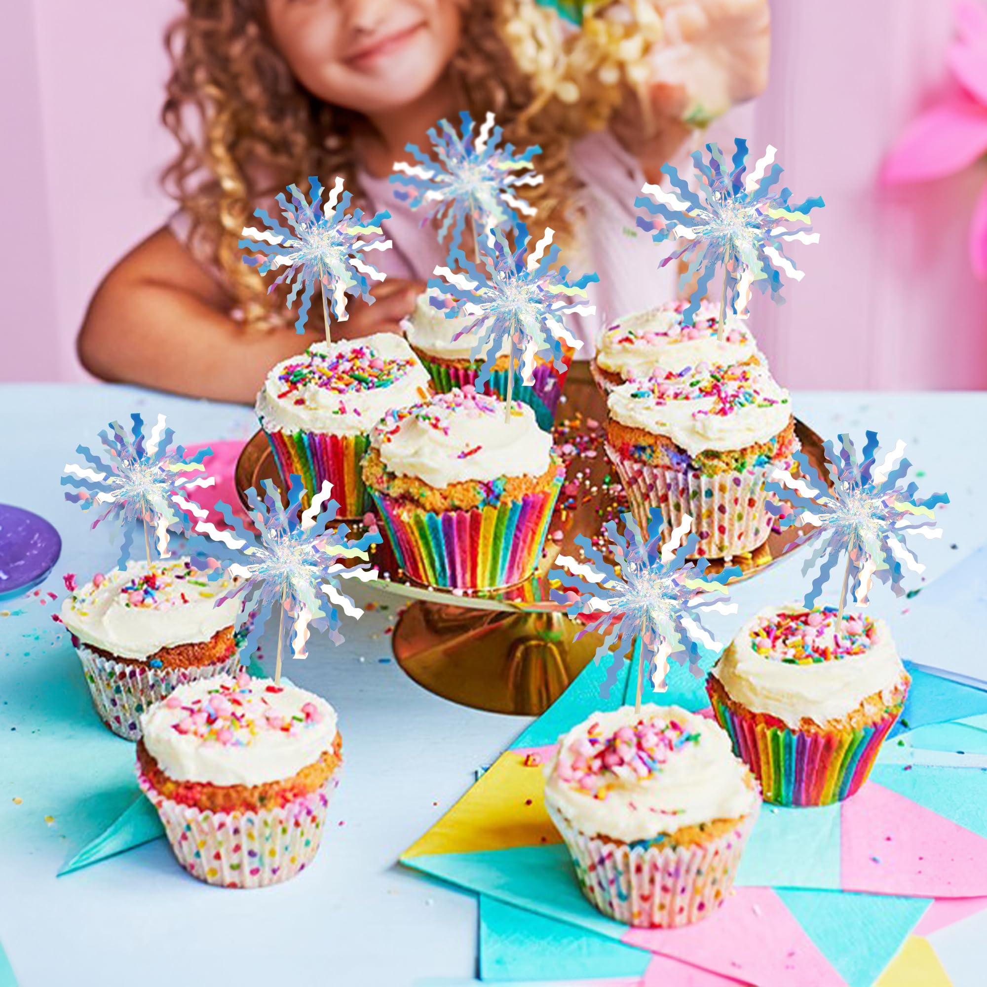 Gyufise 30Pcs Foil Firework Cupcake Toppers Happy Birthday Cake Toppers Tinsel Flower Drink Stirrers Cocktail Food Fruit Toothpicks for Valentine's Day Party Birthday Wedding Supplies Laser Silver