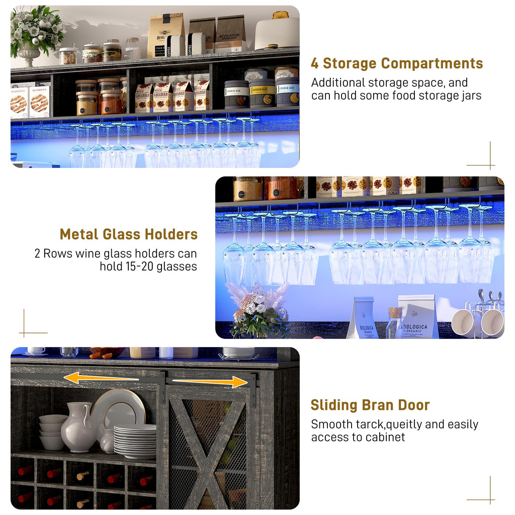 63"Wide 58"H Farmhouse Coffee Bar Cabinet with Power Outlet and LED Light,Wine Bar Cabinet w/ 4 Storage Hutch,Kitchen Buffet Cabinet with 15 Wine and Glass Racks for Kitchen Dining Room(Dark Oak)